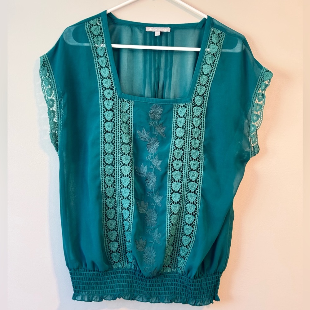 Daniel Rainn Sheer Turquoise Lace Blouse Size M